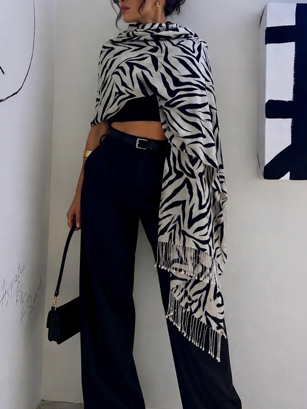 Tolani silk/pashmina Abstract Zebra Print Scarf Wrap Shawl Black Ivory Fringe